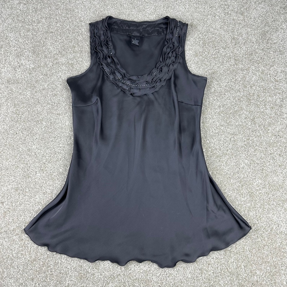 Spense Black Satin Sleeveless Blouse Ruffle Beaded Neck Small Dark Academia Goth